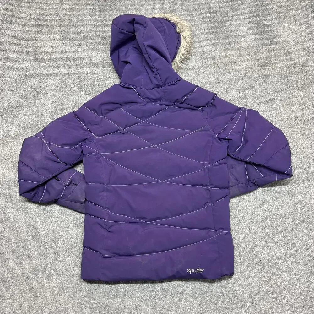 Spyder Ski Jacket Girls 14 Purple Hooded Puffer Insulated Faux Fur Winter Coat